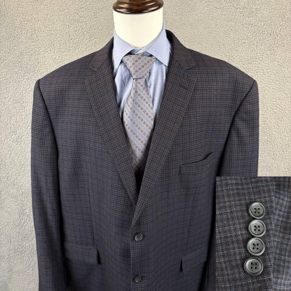 Pronto Uomo Blazer Mens 54R Navy Plaid Check 100% Wool Sport Coat Jacket